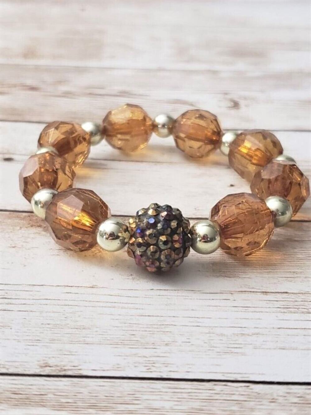 Vintage Stretch Bracelet / Bangle Chunky Amber Tone